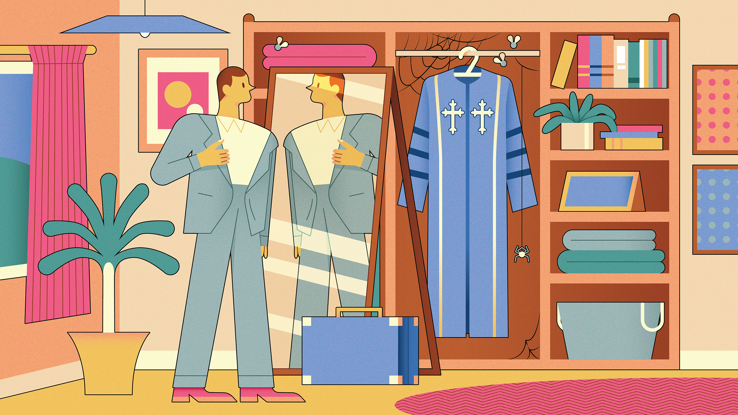 Illustration of a man putting on a suit while his old pastor robes hang in a closet with cobwebs.